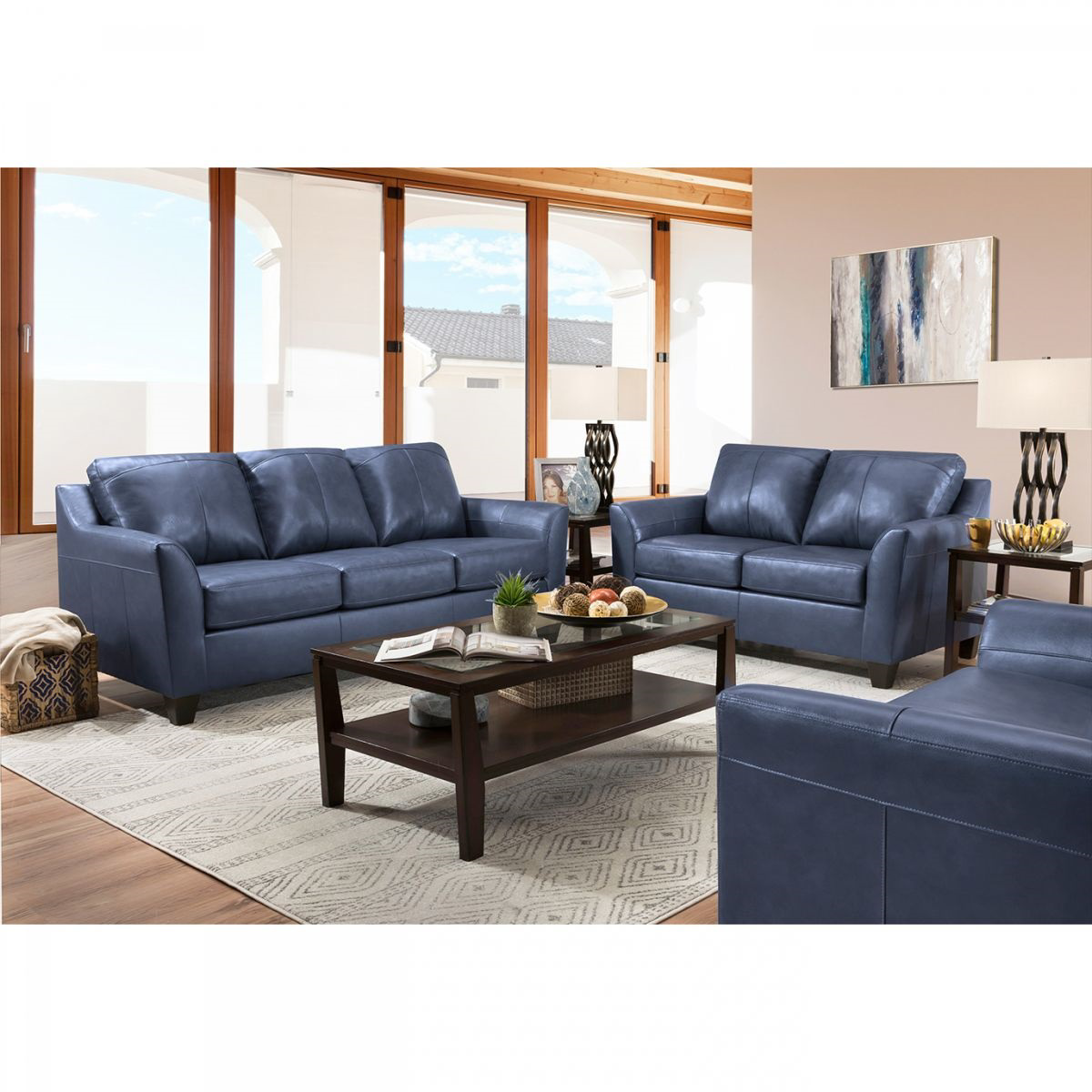 Regal Blue Leather Sofa Loveseat