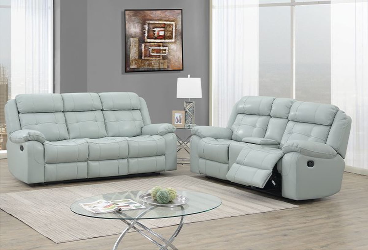 Picture of Halston Pale Aqua Leather Reclining Sofa and Console Loveseat