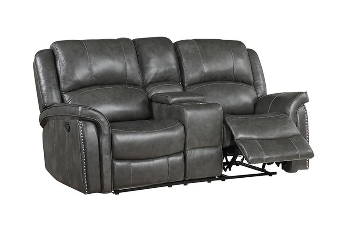 Grant Grey Leather Dual Power Reclining, Leather Loveseat With Console