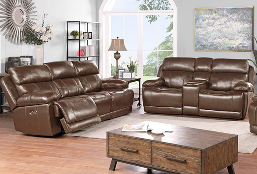 Dual Power Reclining Sofa, Chestnut Leather Sofa Set