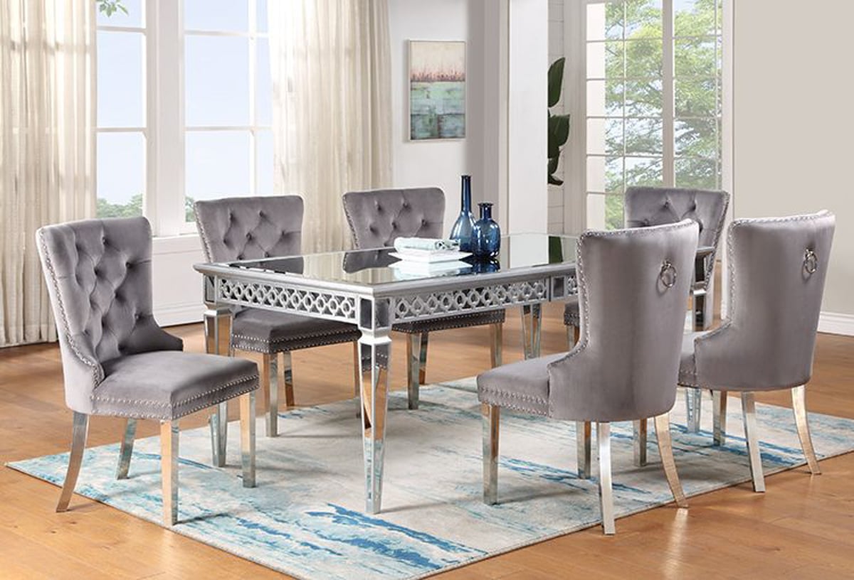 Grey table and chairs store with bench