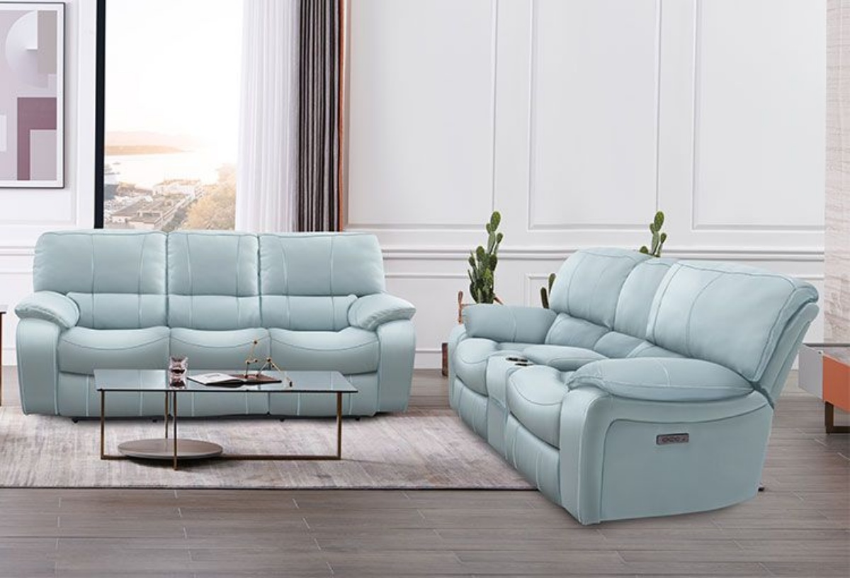 Buy Madras Light Aqua Leather Reclining Sofa Part 8625 L32M 1042