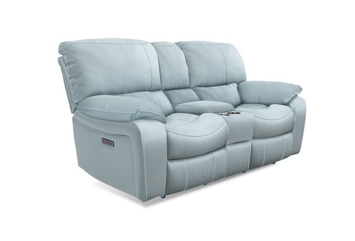 Buy Madras Light Aqua Leather Reclining Console Loveseat Part 8625CL