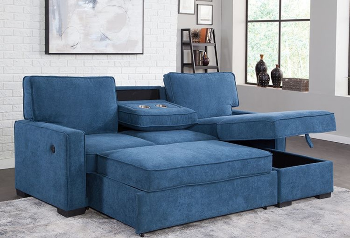 Buy Hudson Blue Convertible Sofa Chaise With Storage Ottoman Part 59874 002001 03 Badcock 2267