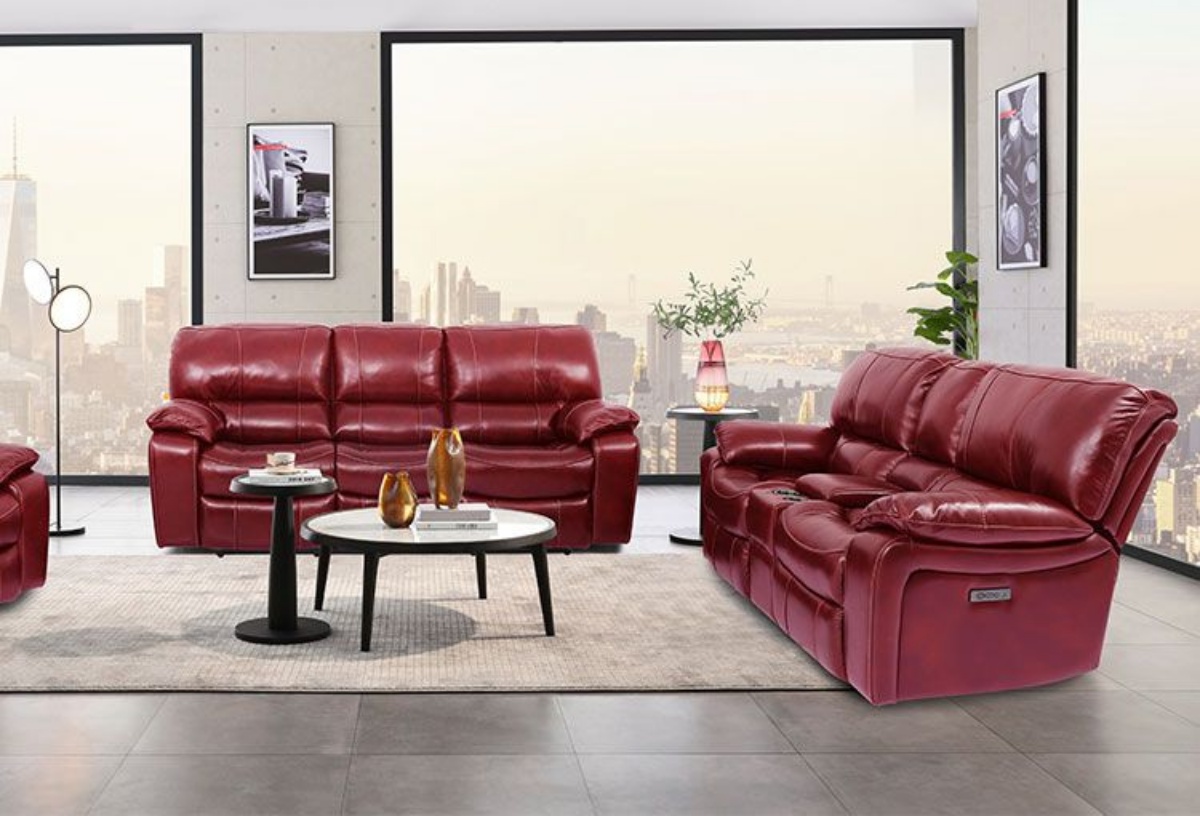 Picture of Madras Wine Leather Reclining Sofa & Console Loveseat