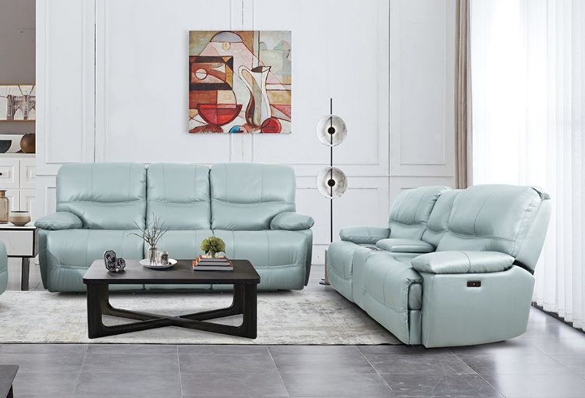 Picture of Dominic Aqua Leather Power Reclining Sofa & Console Loveseat