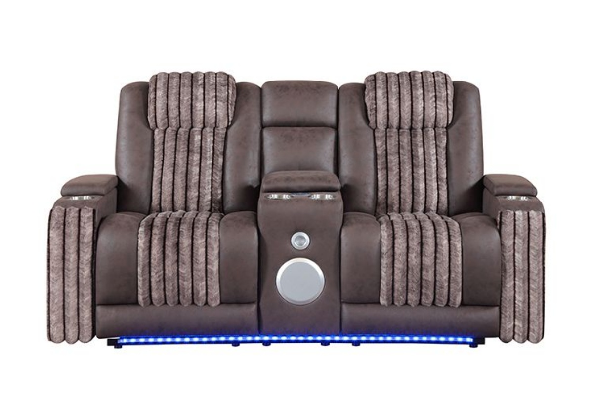 Picture of Pepe Mocha Dual Power Reclining Console Loveseat With Bluetooth & LED Lights