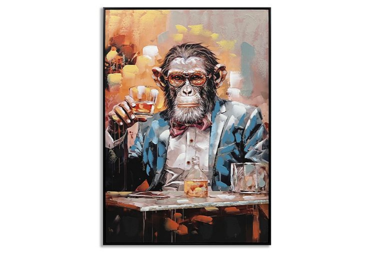 Picture of Chimp with Cocktail Hand-painted Canvas in Frame